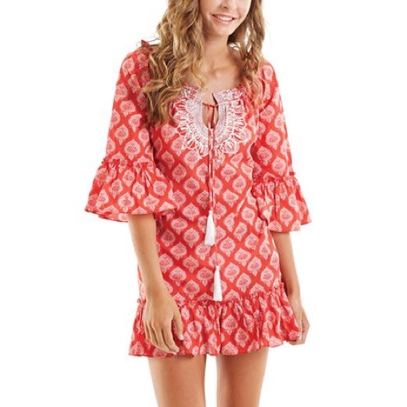 Mud Pie Cover Up Dress Red Paisley Bell Sleeve - Picture 2 of 8